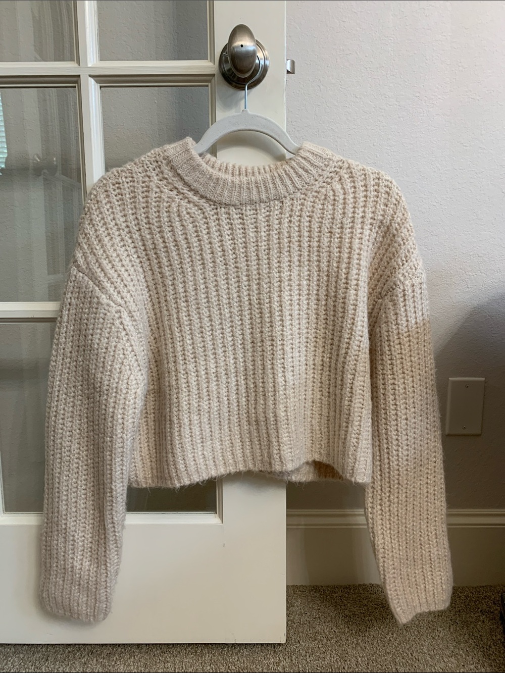 Garage Cream Ribbed Cropped Crew Sweater